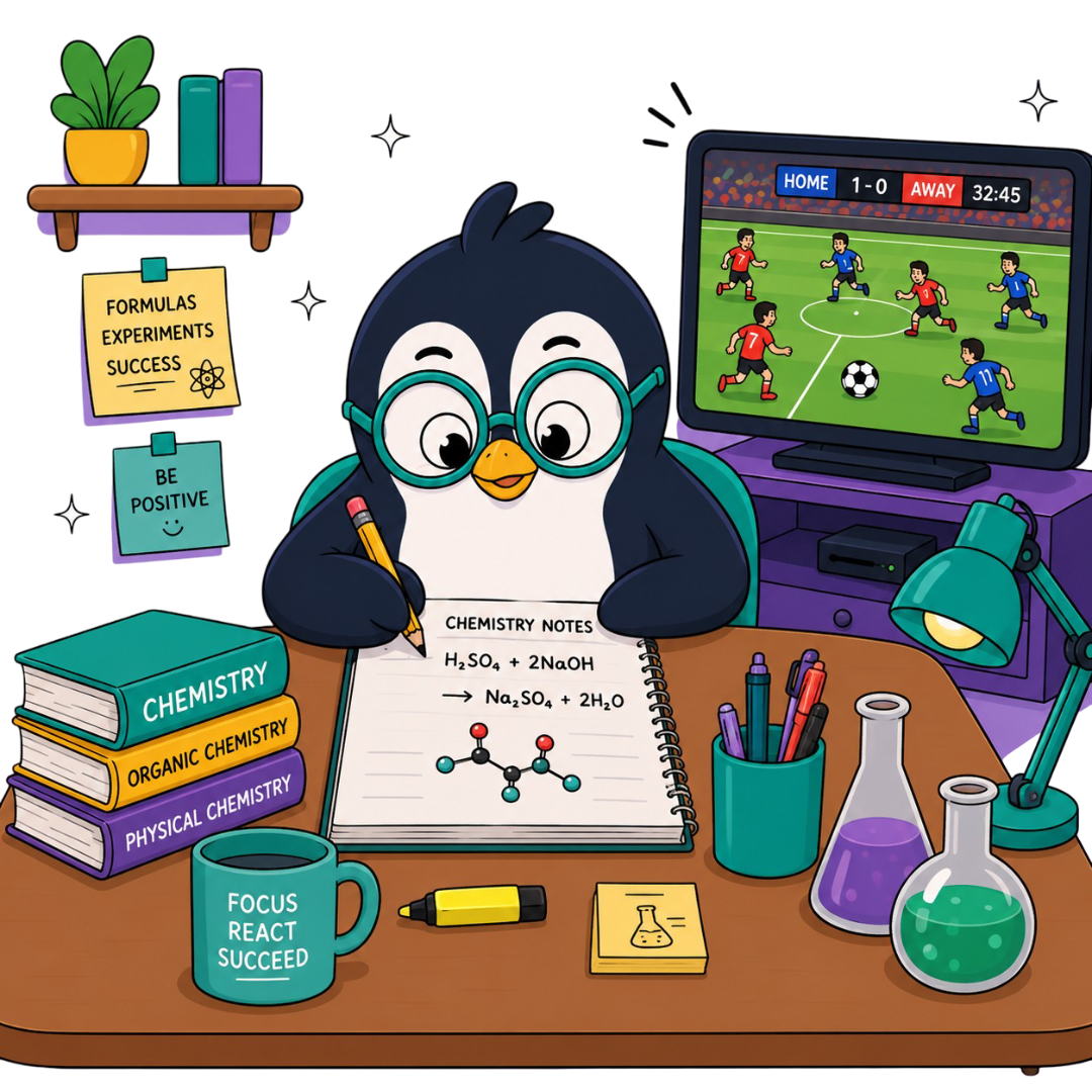 Penguin studying chemistry while watching the World Cup